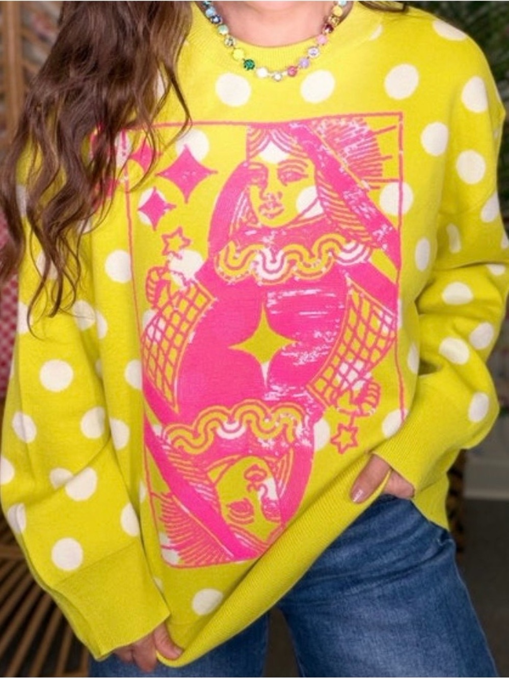 QUEEN OF SPARKLES Lime/hot pink Polka Dot Crewneck Sweater-sz L NWT. - Picture 2 of 5